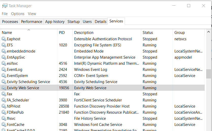 Restarting the Exivity Web Service in Task Manager